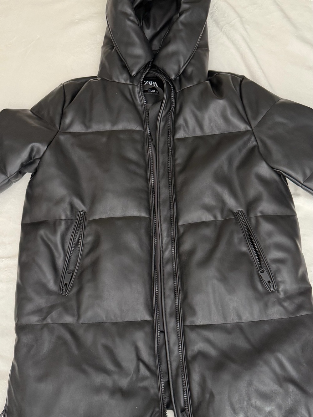 Zara Black Faux-Leather Puffer Jacket with Hood